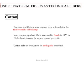 USE OF NATURAL FIBERS AS TECHNICAL FIBERS
  Egyptians and Chinese used papyrus mats in foundation for
reinforcement of buildings
In recent past, synthetic fibers were used in floods in 1953 in
Netherlands, it could be seen as start of geotextile
 
Cotton bales in foundation for earthquake protection
 
 
Cotton
Granch Berhe 2015
 