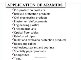 Heat and fire protection products
Cut-protection products
Ballistic-protection products
Civil engineering products
Elastomer reinforcements
Engineering plastics
Friction products
Optical fiber cables
Reinforced pipes
Bullet and explosion protection products
Ropes and cables
Adhesives, sealant and coatings
Specialty paper products
Composites
Tires,
APPLICATION OF ARAMIDS
Granch Berhe 2015
 