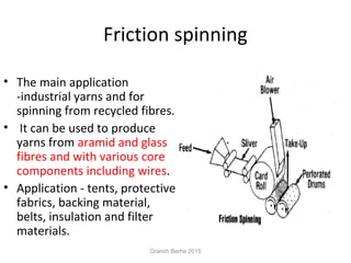 Friction spinning
• The main application
-industrial yarns and for
spinning from recycled fibres.
• It can be used to produce
yarns from aramid and glass
fibres and with various core
components including wires.
• Application - tents, protective
fabrics, backing material,
belts, insulation and filter
materials.
Granch Berhe 2015
 