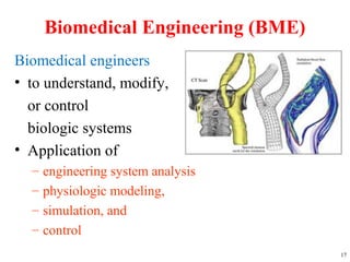 Biomedical Engineering (BME)
Biomedical engineers
• to understand, modify,
or control
biologic systems
• Application of
– engineering system analysis
– physiologic modeling,
– simulation, and
– control
17
 