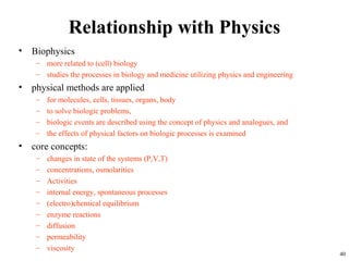 Relationship with Physics
• Biophysics
– more related to (cell) biology
– studies the processes in biology and medicine utilizing physics and engineering
• physical methods are applied
– for molecules, cells, tissues, organs, body
– to solve biologic problems,
– biologic events are described using the concept of physics and analogues, and
– the effects of physical factors on biologic processes is examined
• core concepts:
– changes in state of the systems (P,V,T)
– concentrations, osmolarities
– Activities
– internal energy, spontaneous processes
– (electro)chemical equilibrium
– enzyme reactions
– diffusion
– permeability
– viscosity
40
 