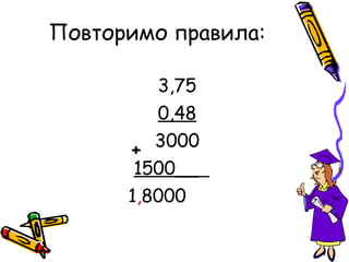 Повторимо правила:
3,75
0,48
3000
1500__
1,8000
+
 