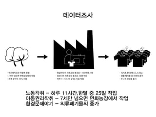 데이터조사
노동착취 - 하루 11시간,한달 중 25일 작업
아동권리착취 - 7세만 넘으면 면화농장에서 작업
환경문제야기 - 의류폐기물의 증가
 