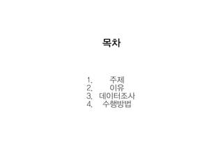 목차
1. 주제
2. 이유
3. 데이터조사
4. 수행방법
 