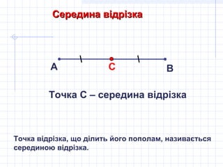 Середина відрізкаСередина відрізка
А ВС
Точка С – середина відрізка
Точка відрізка, що ділить його пополам, називається
серединою відрізка.
 