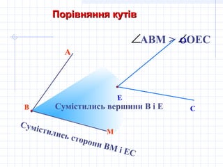 В
М
А
Е
С
О
Сумістились вершини В і Е
Сумістились сторони ВМ і ЕС
АВМ > ОЕС∠∠
Порівняння кутівПорівняння кутів
 