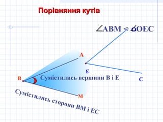 В
М
А
Е
С
О
Сумістились вершини В і Е
Сумістились сторони ВМ і ЕС
АВМ < ОЕС∠∠
Порівняння кутівПорівняння кутів
 