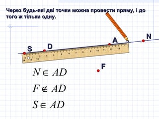 АА
DD
IIIIIIIIIIIIIIIIIIIIIIIIIIIIIIIIIIIIIIIIIIIIIIIIIIIIIIIIIIIIIIIIIIIIIIIIIIIIIIIIIIIIIIIIIIIIIIIIIIIIIIIIIIIIIIIIIIIIIIIIIIIIIIIIIIIIIIIIIIIIIIIIIIIIIIIIIIIIIIIIIIIIIIIIII
I
0 1 2 3 4 5 6 7 8 9 10 11 12 13
14 15 16
Через будь-які дві точки можна провести пряму, і доЧерез будь-які дві точки можна провести пряму, і до
того ж тільки одну.того ж тільки одну.
NN
FF
SS
ADS
ADF
ADN
∈
∉
∈
 