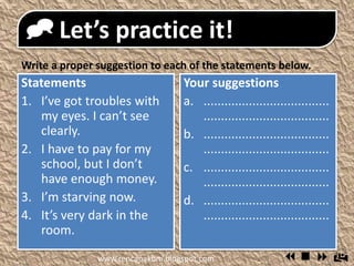  Let’s practice it!
Statements
1. I’ve got troubles
with my eyes. I can’t
see clearly.
2. I have to pay for my
school, but I don’t
have enough
money.
3. I’m starving now.
4. It’s very dark in the
room.
Your suggestions
a. ................................
................................
........
b. ................................
................................
........
c. ................................
................................
........
d. ................................
Write a proper suggestion to each of the statements
below.
www.rencanakbm.blogspot.com
 