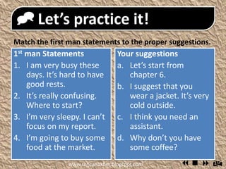  Let’s practice it!
1st man Statements
1. I am very busy these
days. It’s hard to
have good rests.
2. It’s really confusing.
Where to start?
3. I’m very sleepy. I
can’t focus on my
report.
4. I’m going to buy
some food at the
market.
Your suggestions
a. Let’s start from
chapter 6.
b. I suggest that you
wear a jacket. It’s
very cold outside.
c. I think you need an
assistant.
d. Why don’t you have
some coffee?
Match the first man statements to the proper
suggestions.
www.rencanakbm.blogspot.com
 