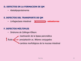 D. DEFECTOS EN LA FORMACION DE QM
• Abetalipoproteinemia
E. DEFECTOS DEL TRANSPORTE DE QM
• Linfagiectasia intestinal esteatorrea
F. DEFECTOS MÚLTIPLES
• Síndrome de Zollinger-Ellison:
inactivación de la lipasa pancreática
Ácido precipitación ac. Biliares conjugados
cambios morfológicos de la mucosa intestinal
Meli lds 32
 