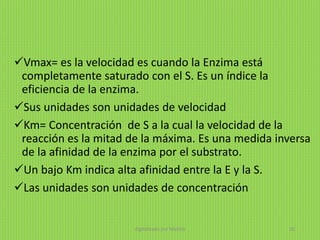 Vmax= es la velocidad es cuando la Enzima está
completamente saturado con el S. Es un índice la
eficiencia de la enzima.
Sus unidades son unidades de velocidad
Km= Concentración de S a la cual la velocidad de la
reacción es la mitad de la máxima. Es una medida inversa
de la afinidad de la enzima por el substrato.
Un bajo Km indica alta afinidad entre la E y la S.
Las unidades son unidades de concentración
digitalizado por Melilds 26
 