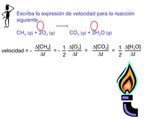 Escriba la expresión de velocidad para la reacción
siguiente :
CH4 (g) + 2O2 (g) CO2 (g) + 2H2O (g)
velocidad = -
∆[CH4]
∆t
= -
∆[O2]
∆t
1
2
=
∆[H2O]
∆t
1
2
=
∆[CO2]
∆t
 