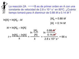 La reacción 2A B es de primer orden en A con una
constante de velocidad de 2.8 x 10-2
s-1
en 800
C. ¿Cuánto
tiempo tomará para A disminuir de 0.88 M a 0.14 M ?
ln[A] = ln[A]0 - kt
kt = ln[A]0 – ln[A]
t =
ln[A]0 – ln[A]
k
= 66 s
[A]0 = 0.88 M
[A] = 0.14 M
ln
[A]0
[A]
k
=
ln
0.88 M
0.14 M
2.8 x 10-2
s-1
=
 