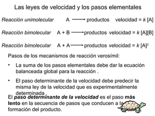 Reacción unimolecular A productos velocidad = k [A]
Reacción bimolecular A + B productos velocidad = k [A][B]
Reacción bimolecular A + A productos velocidad = k [A]2
Las leyes de velocidad y los pasos elementales
Pasos de los mecanismos de reacción verosímil:
• La suma de los pasos elementales debe dar la ecuación
balanceada global para la reacción .
• El paso determinante de la velocidad debe predecir la
misma ley de la velocidad que es experimentalmente
determinada .
El paso determinante de la velocidad es el paso más
lento en la secuencia de pasos que conducen a la
formación del producto.
 