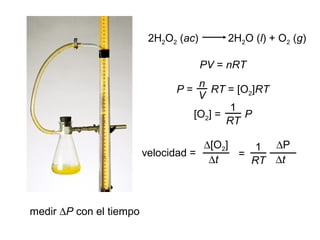 2H2O2 (ac) 2H2O (l) + O2 (g)
PV = nRT
P = RT = [O2]RT
n
V
[O2] = P
RT
1
velocidad =
∆[O2]
∆t RT
1 ∆P
∆t
=
medir ∆P con el tiempo
 