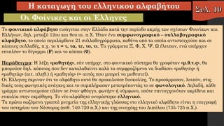 Η καταγωγή του ελληνικού αλφαβήτου
Οι Φοίνικες και οι Έλληνες
Το φοινικικό αλφάβητο εισάγεται στην Ελλάδα κατά την περίοδο ακμής των σχέσεων Φοινίκων και
Ελλήνων, δηλ. μεταξύ 12ου και 9ου αι. π.Χ. Ήταν ένα συμφωνογραφικό – συλλαβογραφικό
αλφάβητο, το οποίο περιλάμβανε 21 συλλαβογράμματα, καθένα από τα οποία αντιστοιχούσε και σε
κάποιες συλλαβές, π.χ. το τ = τ, τα, τε, το, τι. Τα γράμματα Ξ, Φ, Χ, Ψ, Ω έλειπαν, ενώ υπήρχαν
επιπλέον το δίγαμμα (F) και το κόππα (Ϙ).
Παράδειγμα: Η λέξη «μαθητής», εάν υπήρχε, στο φοινικικό σύστημα θα γραφόταν «μ.θ.τ.ς», θα
μπορούσε δηλ. κάποιος που δεν καταλαβαίνει καλά τα συμφραζόμενα να διαβάσει «μαθητές» ή
«μαθητάς» (αιτ. πληθ.) ή «μαθητός» (= αυτός που μπορεί να μαθευτεί).
Οι Έλληνες έκριναν ότι το αλφάβητο αυτό θα προκαλούσε δυσκολίες. To προσάρμοσαν, λοιπόν, στις
δικές τους φωνητικές ανάγκες και το συμπλήρωσαν μετατρέποντάς το σε φωνολογικό. Δηλαδή, κάθε
γράμμα αντιστοιχούσε πλέον σε έναν φθόγγο, φωνήεν ή σύμφωνο, οπότε επιτυγχανόταν ακρίβεια και
ευκολία στην εκμάθηση. Το νέο αλφάβητο ονομάστηκε ελληνικό.
Τα πρώτα σωζόμενα γραπτά μνημεία της ελληνικής γλώσσας στο ελληνικό αλφάβητο είναι η επιγραφή
του ποτηρίου του Νέστορος (πιθ. 740-720 π.Χ.) και της οινοχόης του Διπύλου (735-725 π.Χ.).
 
