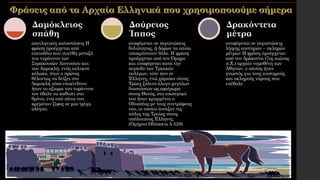 απειλητικές καταστάσεις Η
φράση προέρχεται από
επεισόδιο που συνέβη μεταξύ
του τυράννου των
Συρακουσών Διονυσίου και
του Δαμοκλή, ενός αυλικού
κόλακα, όταν ο πρώτος
θέλοντας να δείξει στο
Δαμοκλή πόσο επικίνδυνο
ήταν το αξίωμα του τυράννου
τον έβαλε να καθίσει στο
θρόνο, ενώ από πάνω του
κρεμόταν ξίφος σε μια τρίχα
αλόγου.
Δαμόκλειος
σπάθη
αναφέρεται σε περιπτώσεις
δολιότητας, ή δώρων τα οποία
υποκρύπτουν δόλο. Η φράση
προέρχεται από τον Όμηρο
και αναφέρεται κατά την
περίοδο των Τρωικών
πολέμων, τότε που οι
Έλληνες, ενώ χάρισαν στους
Τρώες ξύλινο άλογο μεγάλων
διαστάσεων ως αφιέρωμα
στους Θεούς, στο εσωτερικό
του ήταν κρυμμένοι ο
Οδυσσέας με τους συντρόφους
του, οι οποίοι άνοιξαν τις
πύλες της Τροίας στους
υπόλοιπους Έλληνες.
(Ομήρου Οδύσσεια λ 529)
Δούρειος
Ίππος
αναφέρεται σε περιπτώσεις
λήψης αυστηρών – σκληρών
μέτρων Η φράση προέρχεται
από τον Δράκοντα (7ος αιώνας
π.Χ.) αρχαίο νομοθέτη των
Αθηνών, ο οποίος ήταν
γνωστός για τους αυστηρούς
και σκληρούς νόμους που
επέβαλε.
Δρακόντεια
μέτρα
 