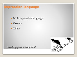 Expression language
 Mule expression language
 Groovy
 XPath
Speed Up your development
 
