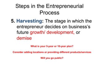 Steps in the Entrepreneurial
Process
5. Harvesting: The stage in which the
entrepreneur decides on business’s
future growth/ development, or
demise
What is your 5-year or 10-year plan?
Consider adding locations or providing different products/services
Will you go public?
 