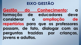 Gestão do Conhecimento: a
formação de educadores deve
considerar a ampliação de
repertórios para que os professores
possam, de fato, dialogar com as
perguntas trazidas por crianças,
jovens e adultos.
 