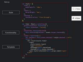 Item.js
Functionality
Template
Style
 