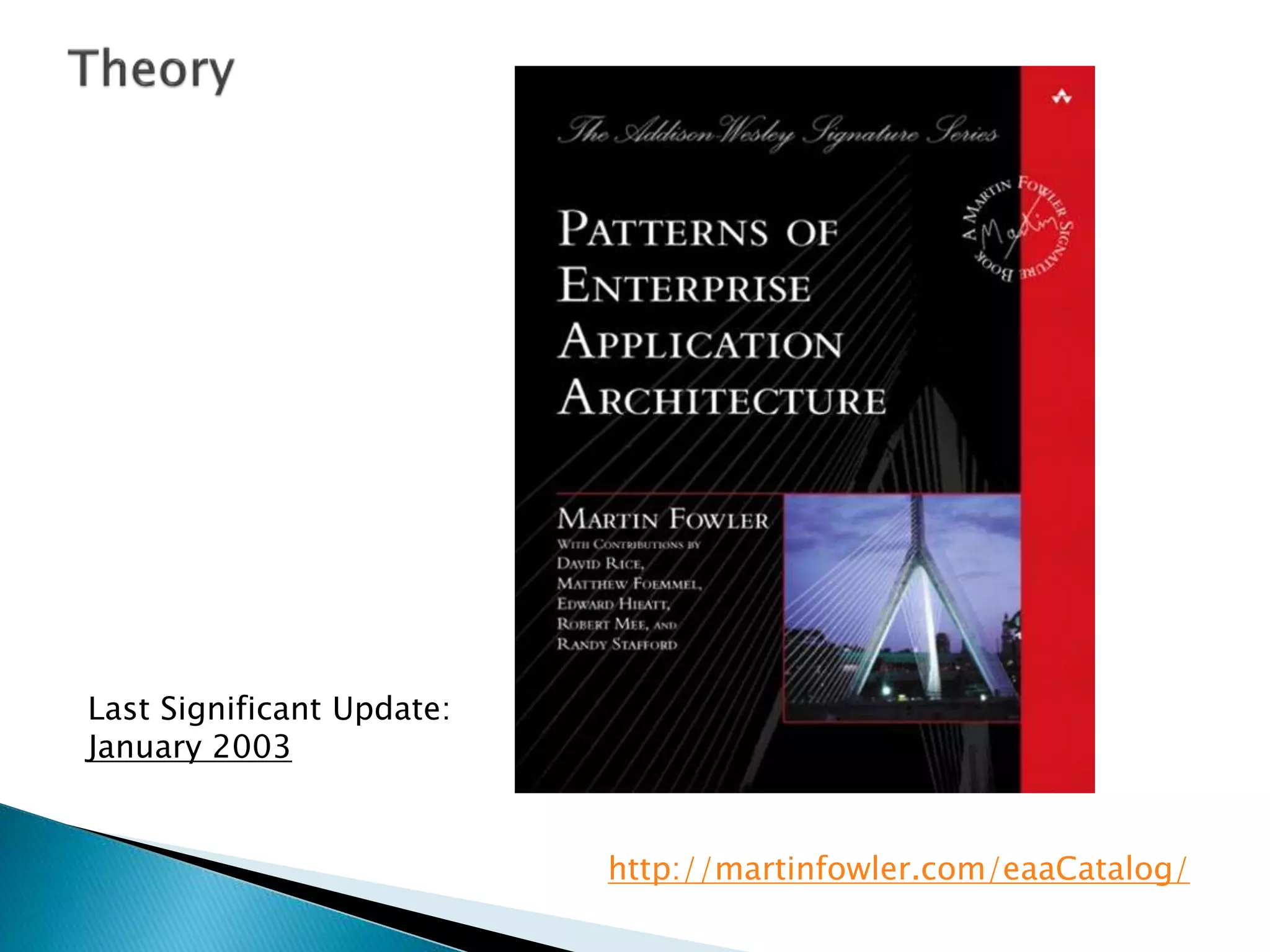 Last Significant Update:
January 2003
http://martinfowler.com/eaaCatalog/