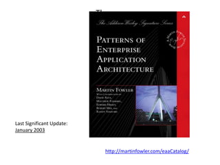 Theory
Last Significant Update:
January 2003
http://martinfowler.com/eaaCatalog/
 