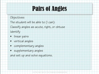 Pairs of Angles
Objectives:
The student will be able to (I can):
Classify angles as acute, right, or obtuse
Identify
• linear pairs
• vertical angles
• complementary angles
• supplementary angles
and set up and solve equations.
 