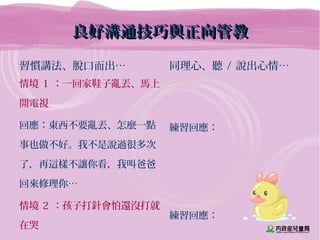 良好溝通技巧與正向管教良好溝通技巧與正向管教
習慣講法、脫口而出… 同理心、聽 / 說出心情…
情境 1 ：一回家鞋子亂丟、馬上
開電視
回應：東西不要亂丟、怎麼一點
事也做不好。我不是說過很多次
了，再這樣不讓你看，我叫爸爸
回來修理你…
情境 2 ：孩子打針會怕還沒打就
在哭
練習回應：
練習回應：
 
