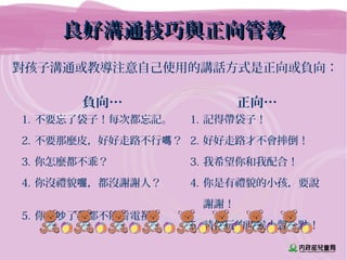 良好溝通技巧與正向管教良好溝通技巧與正向管教
負向… 正向…
1. 不要忘了袋子！每次都忘記。
2. 不要那麼皮，好好走路不行 ？嗎
3. 你怎麼都不乖？
4. 你沒禮貌 ，都沒謝謝人？喔
5. 你太 了我都不能看電視！吵
1. 記得帶袋子！
2. 好好走路才不會摔倒！
3. 我希望你和我配合！
4. 你是有禮貌的小孩，要說
謝謝！
5. 請你玩的時候小聲一點！
對孩子溝通或教導注意自己使用的講話方式是正向或負向：
 