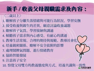 新手新手 // 收養父母親職需求及 容：內收養父母親職需求及 容：內
〈二歲以上〉
1. 瞭解孩子分離失落情緒與可能行為狀況、學習安撫
2. 接受收養與親生的差異、願意討論收養議題
3. 瞭解孩子氣質、學習接納與調適
4. 傾聽孩子需求與內心感受、有耐心的溝通
5. 教導生活常規、合理的期待與規範、教導社會化
6. 培養親密關係、瞭解不安全依附的影響
7. 處理鬧脾氣問題、進行情緒教育
8. 協助智能發展
9. 注意孩子安全
10. 察覺父母雙方的教養態度與方式、培養共識與一致性
 