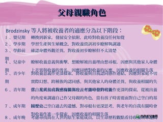 Brodzinsky 等人將被收養者的適應分為以下階段：
父母親職角色父母親職角色
1 、嬰兒期 轉換到新家，發展安全依附，此時對收養沒任何知覺
2 、學步期 學習生產與生殖概念，對收養資訊初步瞭解與調適
3 、學齡前
期
確認身體外觀差異，對收養初步瞭解但不太清楚
4 、兒童中
期
瞭解收養意義與衝擊，想瞭解被出養理由想尋根，因應與其他家人身體
上差異與收養的 名，因應同儕對收養的反應，因應收養的相關失落污
5 、青少年
期
對收養意義作更深探索，將收養與自我認同感作連結，因應對家庭不切
實際幻想、跨種族的認同感、與其他家人的身體差異、與收養相關的失
落，尤其和自我感有關部分，考慮尋根的可能6 、青年期 當自我成長或親密關係與收養有關時會對收養作更深的探索，從被出養
的角度來調適自己作父母親的角色，當有孩子時需要面對自己空白的基
因歷史7 、成年期 接受自己空白過去的遺憾，對尋根有更深思考，與老年的自我有關時會
對收養作進一步探索，因應收養的相關失落
8 、成年晚 考慮尋找尚在人世的原生家庭成員，以生命歷程觀點看待收養所牽連問
 