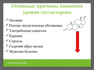 Основные причины снижения
уровня тестостерона
Питание
Плохая экологическая обстановка
Употребление алкоголя
Курение
Стрессы
Сидячий образ жизни
Мужские болезни.
 