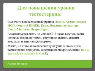 Для повышения уровня
тестостерона:
- Включить в повседневный рацион Локло, Антиоксидант
НСП, Омега-3 ПНЖК, Келп, Пчелинную пыльцу,
СмартМил или Нутри Берн;
- Рекомендуется спать не меньше 7-8 часов в сутки, вести
половую жизнь по утрам, регулярно дышать свежим
воздухом и заниматься спортом;
- Мягко, но стабильно способствуют усилению синтеза
тестостерона продукты, содержащее микроэлементы: цинк,
магний, витамины В, С и Е;
 