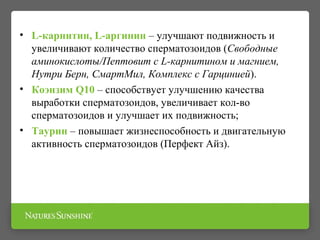 • L-карнитин, L-аргинин – улучшают подвижность и
увеличивают количество сперматозоидов (Свободные
аминокислоты/Пептовит с L-карнитином и магнием,
Нутри Берн, СмартМил, Комплекс с Гарцинией).
• Коэнзим Q10 – способствует улучшению качества
выработки сперматозоидов, увеличивает кол-во
сперматозоидов и улучшает их подвижность;
• Таурин – повышает жизнеспособность и двигательную
активность сперматозоидов (Перфект Айз).
 