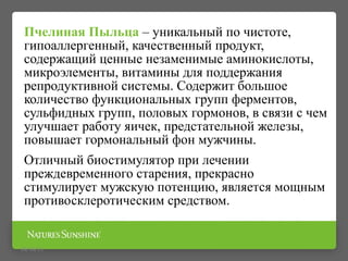 Пчелиная Пыльца – уникальный по чистоте,
гипоаллергенный, качественный продукт,
содержащий ценные незаменимые аминокислоты,
микроэлементы, витамины для поддержания
репродуктивной системы. Содержит большое
количество функциональных групп ферментов,
сульфидных групп, половых гормонов, в связи с чем
улучшает работу яичек, предстательной железы,
повышает гормональный фон мужчины.
Отличный биостимулятор при лечении
преждевременного старения, прекрасно
стимулирует мужскую потенцию, является мощным
противосклеротическим средством.
09/16/15
 