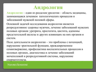 Андрология – один из разделов урологии – область медицины,
занимающаяся лечением патологических процессов и
заболеваний мужской половой сферы.
Основной задачей исследования андрологии является
репродуктивное здоровье мужчин, лечение заболеваний мужских
половых органов: уретрита, простатита, цистита, аденомы
предстательной железы и других влияющих на них органов и
систем.
Поле деятельности андрологии – это проблемы с потенцией,
нарушение эректильной функции, преждевременное
семяизвержение, профилактика воспалительных процессов в
половых органах, диагностика и лечение заболеваний
мочеполовой и репродуктивной системы, нарушение
сперматогенеза.
Андрология
 
