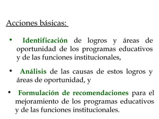 • Identificación de logros y áreas de
oportunidad de los programas educativos
y de las funciones institucionales,
• Análisis de las causas de estos logros y
áreas de oportunidad, y
• Formulación de recomendaciones para el
mejoramiento de los programas educativos
y de las funciones institucionales.
Acciones básicas:
 