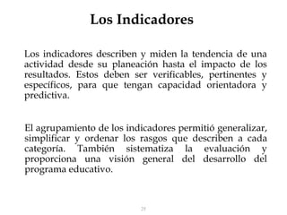 25
Los indicadores describen y miden la tendencia de una
actividad desde su planeación hasta el impacto de los
resultados. Estos deben ser verificables, pertinentes y
específicos, para que tengan capacidad orientadora y
predictiva.
El agrupamiento de los indicadores permitió generalizar,
simplificar y ordenar los rasgos que describen a cada
categoría. También sistematiza la evaluación y
proporciona una visión general del desarrollo del
programa educativo.
Los Indicadores
 