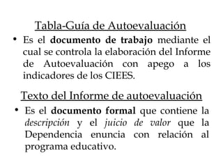 • Es el documento formal que contiene la
descripción y el juicio de valor que la
Dependencia enuncia con relación al
programa educativo.
Texto del Informe de autoevaluación
• Es el documento de trabajo mediante el
cual se controla la elaboración del Informe
de Autoevaluación con apego a los
indicadores de los CIEES.
Tabla-Guía de Autoevaluación
 