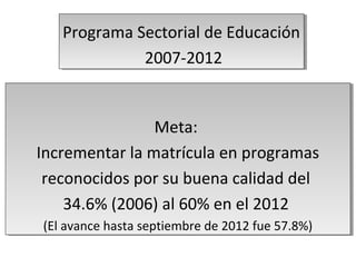 Programa Sectorial de Educación
2007-2012
Programa Sectorial de Educación
2007-2012
Meta:
Incrementar la matrícula en programas
reconocidos por su buena calidad del
34.6% (2006) al 60% en el 2012
(El avance hasta septiembre de 2012 fue 57.8%)
Meta:
Incrementar la matrícula en programas
reconocidos por su buena calidad del
34.6% (2006) al 60% en el 2012
(El avance hasta septiembre de 2012 fue 57.8%)
 