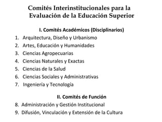 Comités Interinstitucionales para la
Evaluación de la Educación Superior
I. Comités Académicos (Disciplinarios)
1. Arquitectura, Diseño y Urbanismo
2. Artes, Educación y Humanidades
3. Ciencias Agropecuarias
4. Ciencias Naturales y Exactas
5. Ciencias de la Salud
6. Ciencias Sociales y Administrativas
7. Ingeniería y Tecnología
II. Comités de Función
8. Administración y Gestión Institucional
9. Difusión, Vinculación y Extensión de la Cultura
 