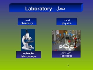 7
Laboratory ‫معمل‬
‫كيمياء‬
chemistry
‫فيزياء‬
physics
‫إختبار‬ ‫أنابيب‬
Testtubes
‫ميكروسكوب‬
Microscope
 