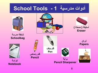 8
‫أوراق‬
Papers
‫براية‬
Pencil Sharpener
( ‫ممحاة‬ ) ‫أستيكة‬
Eraser
‫رصاص‬ ‫قلم‬
Pencil
‫جاف‬ ‫قلم‬
Pen
‫كراسة‬
Notebook
‫مدرسية‬ ‫أدوات‬School Tools - 1
‫مدرسة‬ ‫شنطة‬
Schoolbag
 