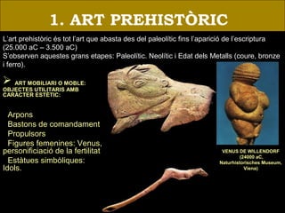  ART MOBILIARI O MOBLE:
OBJECTES UTILITARIS AMB
CARÀCTER ESTÈTIC:
• Arpons
• Bastons de comandament
• Propulsors
• Figures femenines: Venus,
personificiació de la fertilitat
• Estàtues simbòliques:
Idols.
1. ART PREHISTÒRIC
L’art prehistòric és tot l’art que abasta des del paleolític fins l’aparició de l’escriptura
(25.000 aC – 3.500 aC)
S’observen aquestes grans etapes: Paleolític. Neolític i Edat dels Metalls (coure, bronze
i ferro).
VENUS DE WILLENDORF
(24000 aC,
Naturhistorisches Museum,
Viena)
 