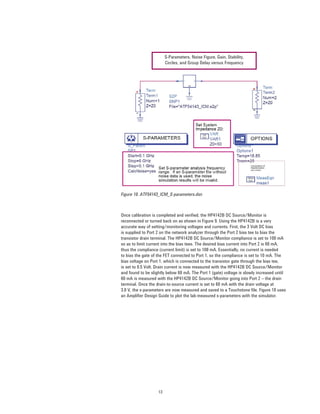 13
S-Parameters, Noise Figure, Gain, Stability,
Circles, and Group Delay versus Frequency
Once calibration is completed and veriﬁed, the HP4142B DC Source/Monitor is
reconnected or turned back on as shown in Figure 9. Using the HP4142B is a very
accurate way of setting/monitoring voltages and currents. First, the 3 Volt DC bias
is supplied to Port 2 on the network analyzer through the Port 2 bias tee to bias the
transistor drain terminal. The HP4142B DC Source/Monitor compliance is set to 100 mA
so as to limit current into the bias tees. The desired bias current into Port 2 is 60 mA,
thus the compliance (current limit) is set to 100 mA. Essentially, no current is needed
to bias the gate of the FET connected to Port 1, so the compliance is set to 10 mA. The
bias voltage on Port 1, which is connected to the transistor gate through the bias tee,
is set to 0.5 Volt. Drain current is now measured with the HP4142B DC Source/Monitor
and found to be slightly below 60 mA. The Port 1 (gate) voltage is slowly increased until
60 mA is measured with the HP4142B DC Source/Monitor going into Port 2 – the drain
terminal. Once the drain-to-source current is set to 60 mA with the drain voltage at
3.0 V, the s-parameters are now measured and saved to a Touchstone ﬁle. Figure 10 uses
an Ampliﬁer Design Guide to plot the lab-measured s-parameters with the simulator.
Figure 10. ATF54143_ICM_S-parameters.dsn
 