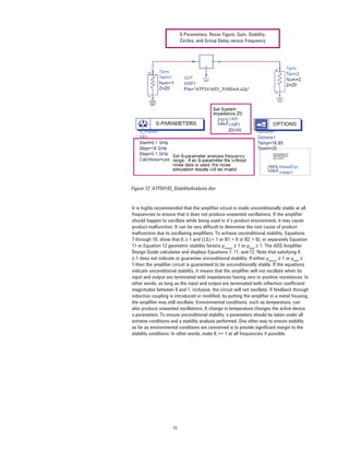 15
S-Parameters, Noise Figure, Gain, Stability,
Circles, and Group Delay versus Frequency
Figure 12. ATF54143_StabilityAnalysis.dsn
It is highly recommended that the ampliﬁer circuit is made unconditionally stable at all
frequencies to ensure that it does not produce unwanted oscillations. If the ampliﬁer
should happen to oscillate while being used in it’s product environment, it may cause
product malfunction. It can be very difﬁcult to determine the root cause of product
malfunction due to oscillating ampliﬁers. To achieve unconditional stability, Equations
7 through 10, show that K ≥ 1 and {|∆|< 1 or B1 > 0 or B2 > 0}; or separately Equation
11 or Equation 12 geometric stability factors μsource
≥ 1 or μload
≥ 1. The ADS Ampliﬁer
Design Guide calculates and displays Equations 7, 11, and 12. Note that satisfying K
≥ 1 does not indicate or guarantee unconditional stability. If either μsource
≥ 1 or μload
≥
1 then the ampliﬁer circuit is guaranteed to be unconditionally stable. If the equations
indicate unconditional stability, it means that the ampliﬁer will not oscillate when its
input and output are terminated with impedances having zero or positive resistances. In
other words, as long as the input and output are terminated with reﬂection coefﬁcient
magnitudes between 0 and 1, inclusive, the circuit will not oscillate. If feedback through
inductive coupling is introduced or modiﬁed, by putting the ampliﬁer in a metal housing,
the ampliﬁer may still oscillate. Environmental conditions, such as temperature, can
also produce unwanted oscillations. A change in temperature changes the active device
s-parameters. To ensure unconditional stability, s-parameters should be taken under all
extreme conditions and a stability analysis performed. One other way to ensure stability
as far as environmental conditions are concerned is to provide signiﬁcant margin to the
stability conditions. In other words, make K >> 1 at all frequencies if possible.
 