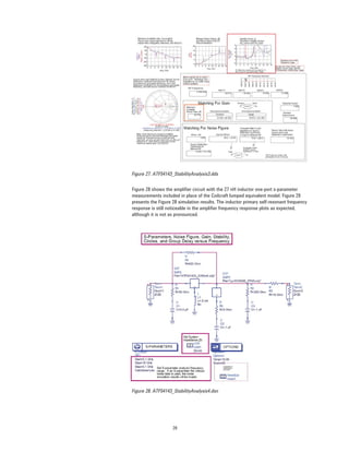 28
Figure 27. ATF54143_StabilityAnalysis3.dds
Figure 28 shows the ampliﬁer circuit with the 27 nH inductor one-port s-parameter
measurements included in place of the Coilcraft lumped equivalent model. Figure 29
presents the Figure 28 simulation results. The inductor primary self-resonant frequency
response is still noticeable in the ampliﬁer frequency response plots as expected,
although it is not as pronounced.
Figure 28. ATF54143_StabilityAnalysis4.dsn
 