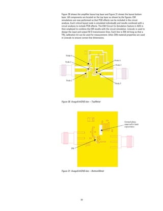 30
Figure 30 shows the ampliﬁer layout top layer and Figure 31 shows the layout bottom
layer. All components are located on the top layer as shown by the ﬁgures. EM
simulations are now performed so that PCB effects can be included in the circuit
analysis. Each critical layout node is simulated individually and results combined with a
circuit analysis to include PCB effects. The EM/Circuit Co-Simulation feature in ADS is
then employed to combine the EM results with the circuit simulation. Linecalc is used to
design the input and output 50 Ω transmission lines. Each line is 250 mil long so that a
TRL calibration kit can be used for measurement. Arlon 25N material properties are used
in Linecalc to ensure correct line dimensions.
Figure 30. AvagoEnhGND.dsn – TopMetal
Figure 31. AvagoEnhGND.dsn – BottomMetal
 